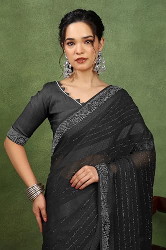 Image of MIRCHI FASHION Saree for Woman Georgette Solid with Satin Stripes | Stone Border Farewell and Ceremonial Sari with Blouse Piece