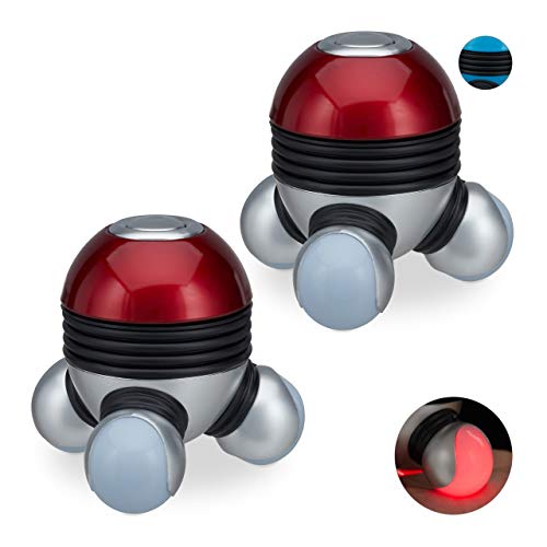 Preisvergleich Produktbild Relaxdays 2 x Elektrisches Massagegerät, Vibrationsmassage, Mini Nackenmassagegerät für unterwegs, kompakt, LED, Kunststoff, rot
