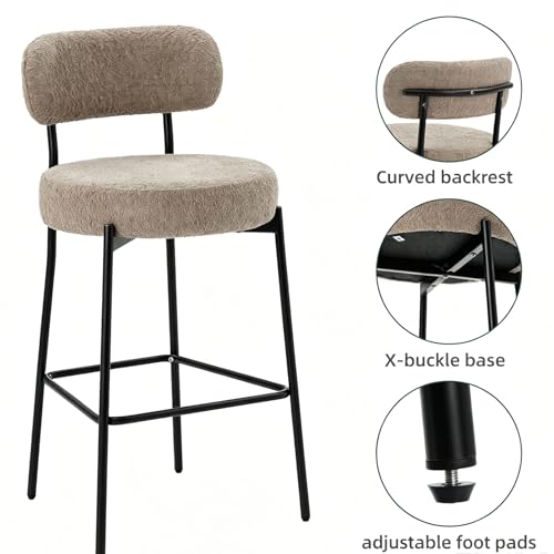 Image of Bar Stools, 30 inch Tall Bar Stools Set of 3, Boucle Upholstered Counter Height Bar Stools, Modern Bar Chairs Metal Frame with Back and Footrest for Kitchen Island, Barstools