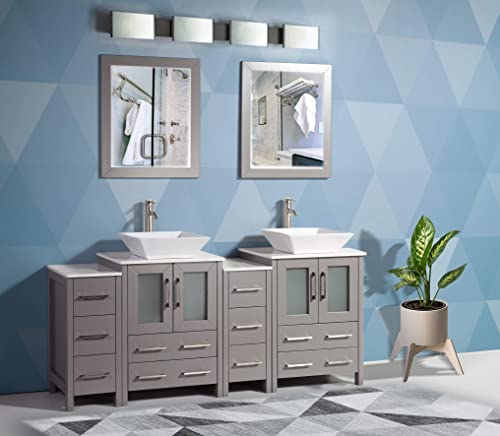 Vanity Art 72 Inch Double Sink Bathroom Vanity Compact Set 4 Cabinets 2 Shelves 10 Dove-Tailed Drawers Quartz Top And Ceramic Vessel Sink Bathroom Cabinet With Free Mirror Va3124-72-G #TOP2