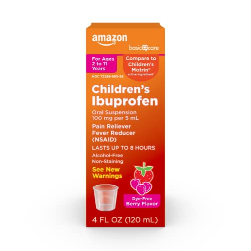 Image of Amazon Basic Care Children's Ibuprofen Oral Suspension Syrup 100 mg per 5 mL, Pain Reliever and Fever Reducer (NSAID), Non-Staining Dye-Free Berry Flavor, 4 fl oz (Pack of 1)