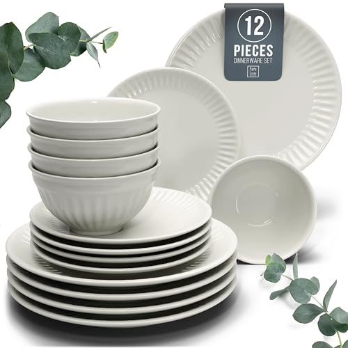 Image of Stoneware Dinnerware Set for 4 People HYGGE 12-Piece - Elegant Scandi Design - Premium Dish Set - Bowl and Plate Set - Tableware for 4 People in a Ribbed Design - Pure Living in Beige