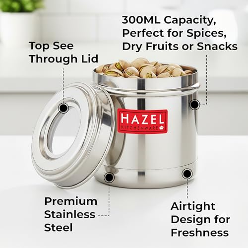 Image of HAZEL Stainless Steel Kitchen Container 300ml with Transparent See-Through Lid | Airtight Storage Jar for Spices, Dry Fruits, Snacks