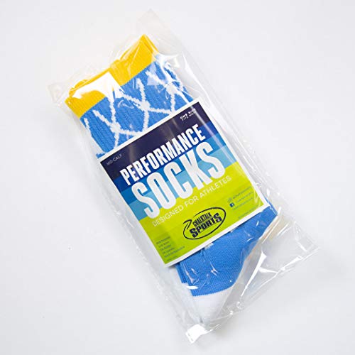 Image of ChalkTalkSPORTS Basketball Socks - Mid Calf - Hoop & Ball Blue Yellow Adult | Moisture-Wicking Performance Blend, Athletic Basketball Gear, Stay-Up Technology, Arch Support, Breathable, Boys and Men