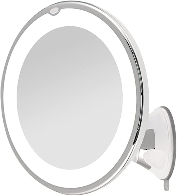 EMKE 5X Magnifying Shaving Mirror with Light, LED Travel Makeup Mirror with Locking Suction Mount | 360° Swivel | Cool Light | Battery, Portable Illuminated for Bathroom