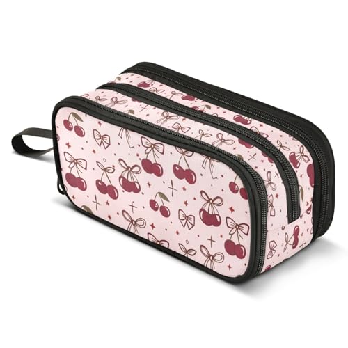 Image of ALAZA Pink Bow Cherry Polka Dots Pencil Case Large Capacity Pencil Pouch with 3 Compartments Stationery Case Pen Bag for Boys Girls Kids Adults School Office
