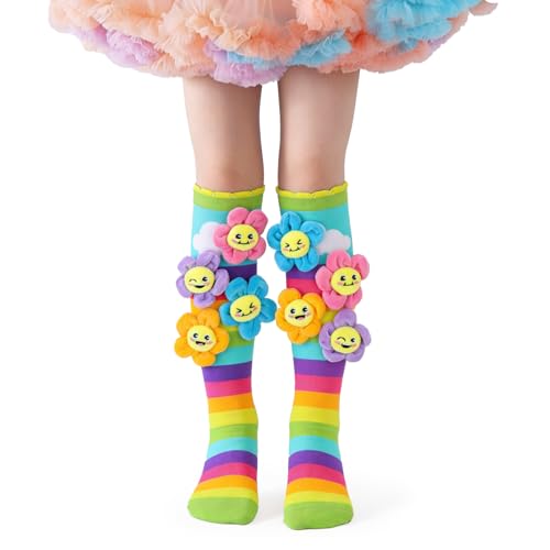 Crazy Socks for Kids Girls 3-12 Years Rainbow Knee High Socks with 3D Plush Smiling Flowers Silly Wacky Colorful Socks for Crazy Sock Day Birthday Gifts