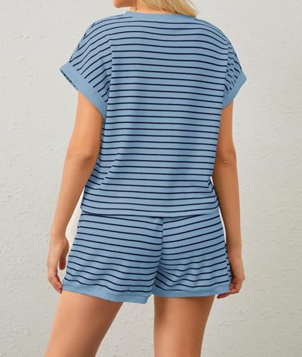 Image of MISSACTIVER 2 Piece Lounge Set Women Stripe Knit Short Sleeve Tee Shirts Shorts Casual Summer Loungewear Shorts Sets