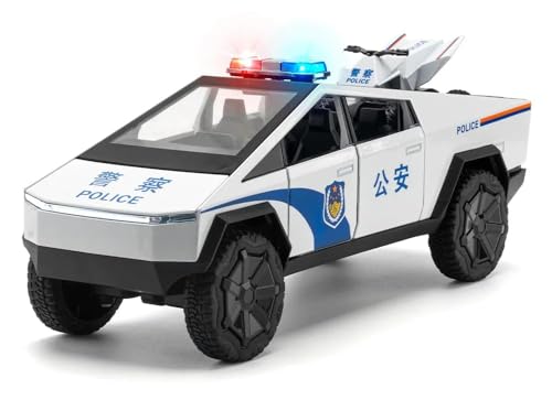 Image of 1:24 Scale Die-Cast CyberTruck Police【Free Wheel】 with 6 Openable Doors,Steerable Tyres,Working Horn,Working Lights【Pack of 1】 (White)