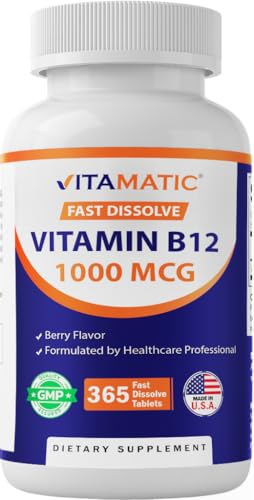Vitamatic Vitamin B12 1000 mcg Fast Dissolve &ndash; 365 Tablets &ndash; Natural Berry Flavor &ndash; Supports...