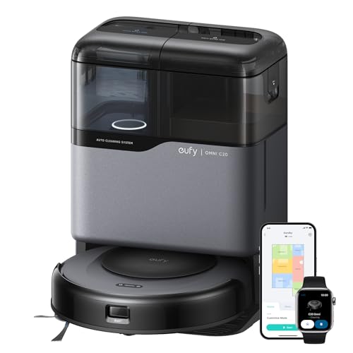 eufy C20 Robô aspirador, Lavagem/secagem automática, Sucção potente, Esvaziamento automático, Corpo ultrafino de 8,5 cm, Limpa cantos baixos, Escovas antiembaraço, 220V.