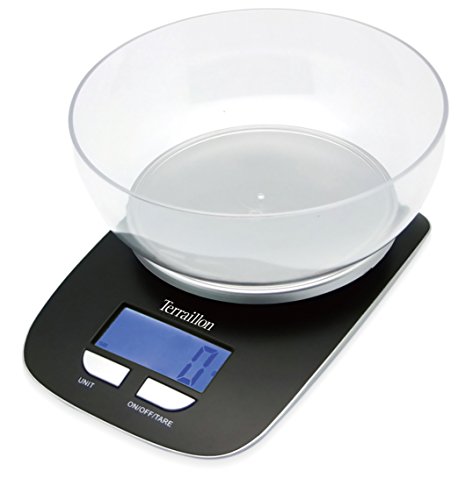 Terraillon Kitchen Scales, With Bowl, Tare, Liquid Conversions, 3 kg Capacity, TER021, Black
