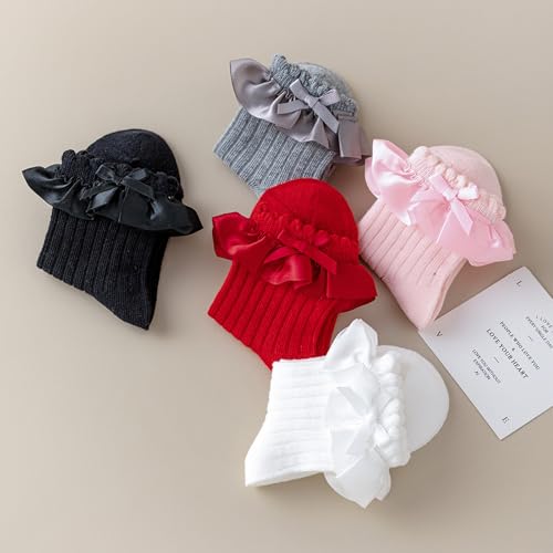 Meeshine 5 Pairs Baby Girls Socks Toddler Ruffle Lace Bow Frilly Dress Cotton Ankle Princess Socks for Kids 1-8T4