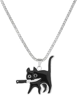 Niaspi Cute Black Cat Pendant Necklaces for Women Unisex Vintage Gothic Killer Hold a Knife Kitty Animal Choker Silver Round Snake Chain Necklace Unique Funny Halloween Jewelry Gifts for Pet Lover