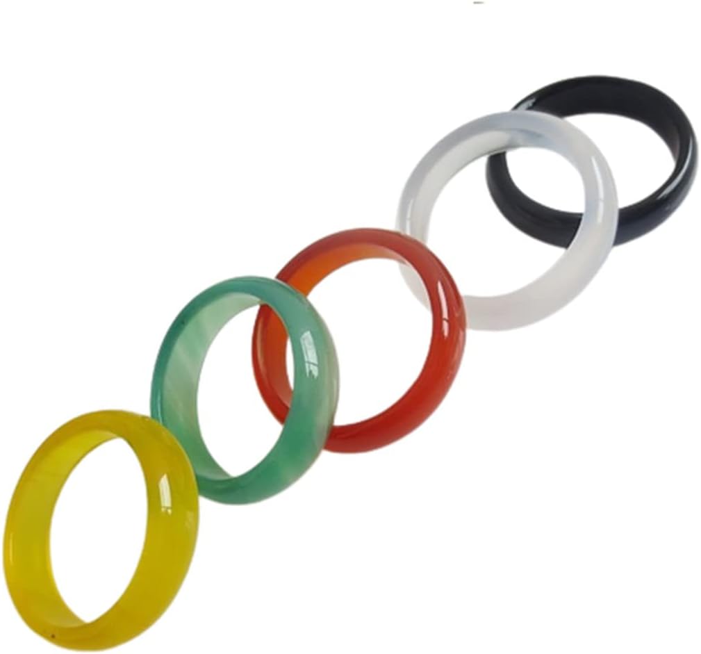Soyzvteo 5Pcs Gemstone Band Ring Set Multicolor Natural Green Jade Rings Gemstone Eternity Stackable Ring Carnelian Crystal Rings 6mm Width Colorful Crystal Rings for ?Size 6.5-7#?