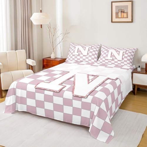 Image of Erosebridal Pink Initial N Bedding Set Queen Kawaii Plaid Checkered Bed Sheets Cute Personalized Monogram Sheet Set Kids Girls Teen Women,Fashion Grids Gingham Fitted Top Sheets 4 Piece
