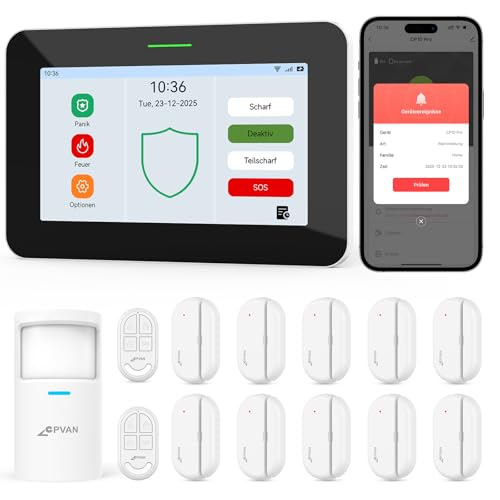 CPVAN GSM + WiFi Alarmanlage Haus mit 7" Touch Screen, Kein Vertrag Smart Komplettsysteme mit APP/SMS/Anruf Alarm, 110dB Host, Bewegungsmelder, Tür/Fenster Sensoren, Fernbedienungen, 14 Stück