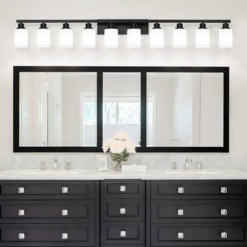 Image of 10-Light Bathroom Vanity Light,Modern Matte Black Bathroom Light Fixtures with Square Frosted Glass,64.5in Wall Sconces Over Mirror Restroom,Living Room Hallway E26