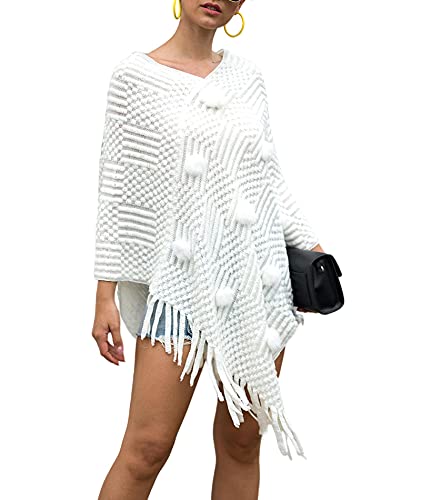 Image of xxxiticat Women's Tassel Poncho Scarf Batwing Sleeve Loose Fringe Hem Round Ball Cape Shawls Knitted Pullover Sweaters