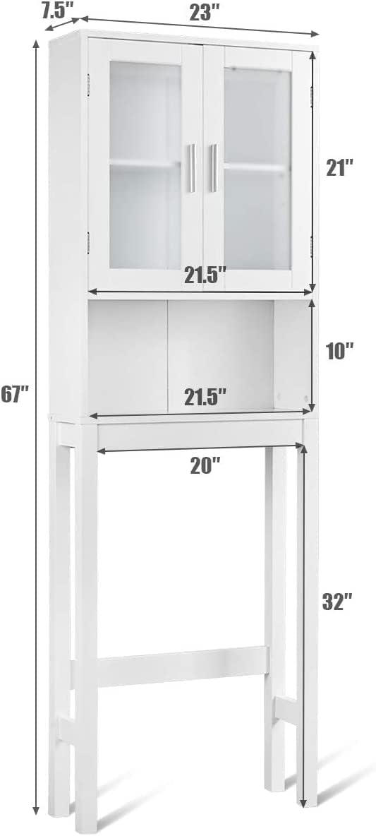 WATERJOY Over The Toilet Storage Cabinet, Bathroom Cabinet Organizer with 2 Moru Tempered Glass Door, Space-Saving Toilet Shelf, White