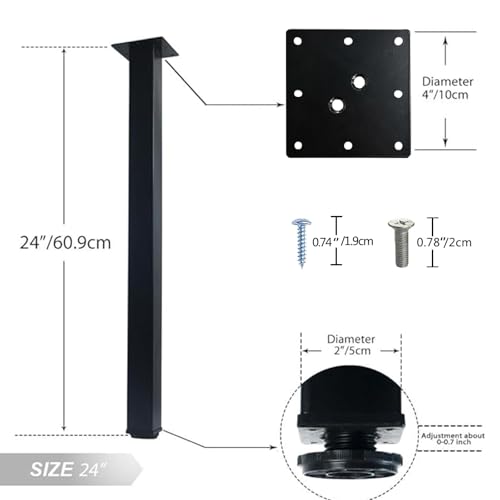 QLLY 24 inch Adjustable Metal Furniture Legs, Square Office Table Desk Leg, Table Leg, Set of 4 (Black)