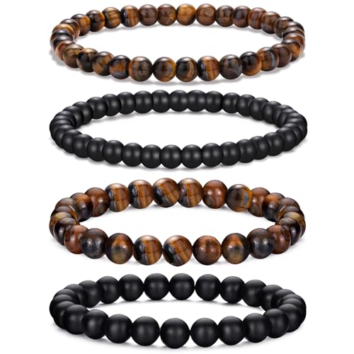 Mens Bead Bracelet Adjustable Elastic Rope With 6&8MM Natural Stone Tiger Eye Bracelets for Men Gift