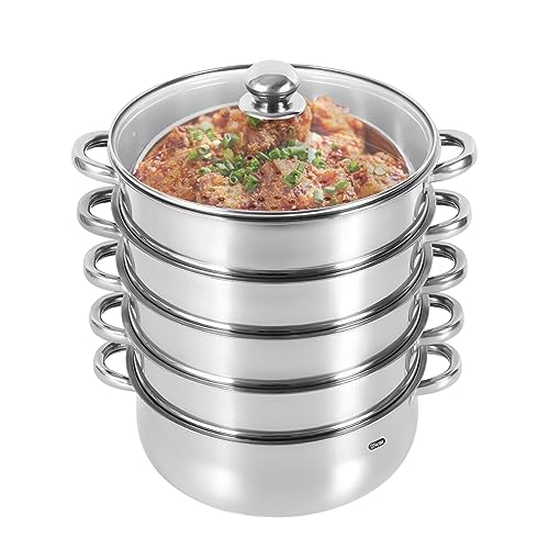 GDNTMU Steam Canner, 5-Tier Stainless Steel Steamer Pot with Glass Lid, Veg Cooker Pot Cooking Pan Dim Sum Steamer For Kitchen Tool (28cm)