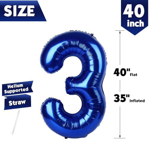 Image of 40 Inch Night Blue Number 3 Balloon, 3rd Blue Birthday Party Decorations | 40 Inch Night Blue inflatable foil number balloons, large birthday decorations for 3rd birthday