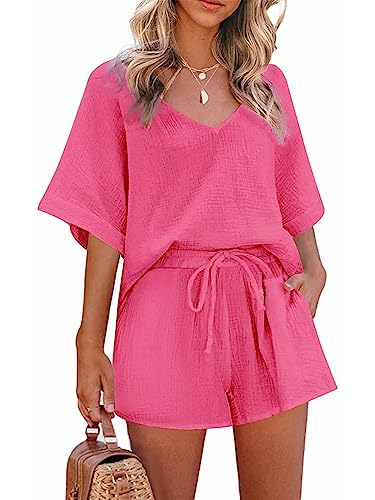 Onsoyours 2 Pièces Ensemble Survêtement Femmes Été Décontractée Couleur Unie Sweatshirt Manche Courte Shorts avec Cordon Poche Lâche Lin Col en V Sportswear Suit...