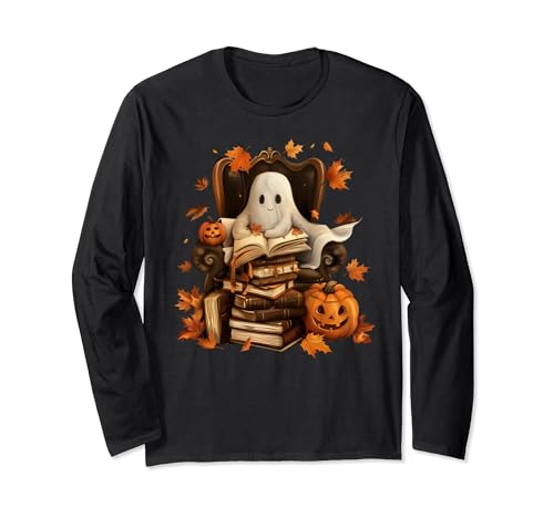 Vintage Ghost Book Reading Pumpkin Gothic Halloween Teachers Long Sleeve T-Shirt