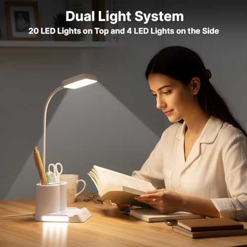 Image of pTron 5W EaseMate Study Lamp L1, 6 Hrs Runtime max., Seamless Dimming, 3 Colour Modes, Adjustable Brightness Levels, Table Lamp for Study, Pen Stand, Night Lamp, Flexible Neck, Type C Charging (White)