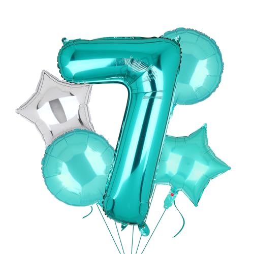 Image of Teal Blue Number 7 Balloons 40 Inch 7th Birthday Mermaid Theme 5 Pcs | Big Helium Mylar Digital Balloon Anniversary Wedding Party Decor Supplies