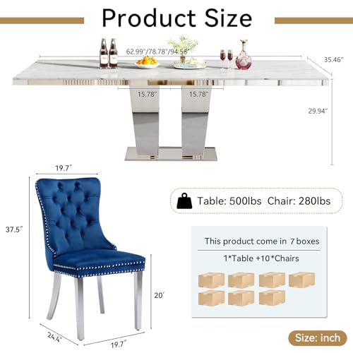 Image of 11-Piece Extendable Dining Table Set for 10, Modern 63 inch-94 inch White Faux Marble Expandable Kitchen Table Set with 10 Velvet Chairs,Large Extendable Dining Room Tables w /Mirrored Columnar Base