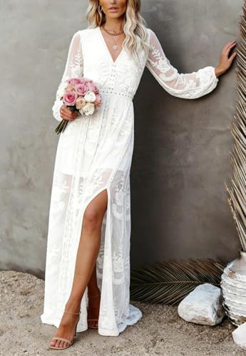 Image of LRISES Womens V Neck Floral Embroidered Lace Wedding Maxi Dress Boho Short Sleeve Slit Bridesmaid Evening Party Dresses