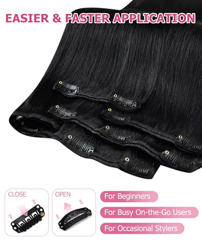 Image of YoungSee Black Clip in Hair Extensions Straight Remy Hair Clip in Extensions Jet Black Human Hair Extensions Clip ins Easy to Put in for First-time Users 18 Inch 120G 7Pcs