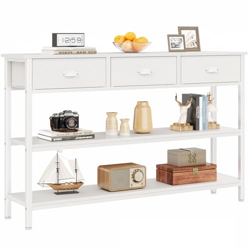 Furologee White Long 47" Console Sofa Table with 3 Drawers, Entryway Table with 3-Tier Storage Shelves, Display Shelf for Entry Way, Hallway, Couch, Living Room, Kitchen, Foyer