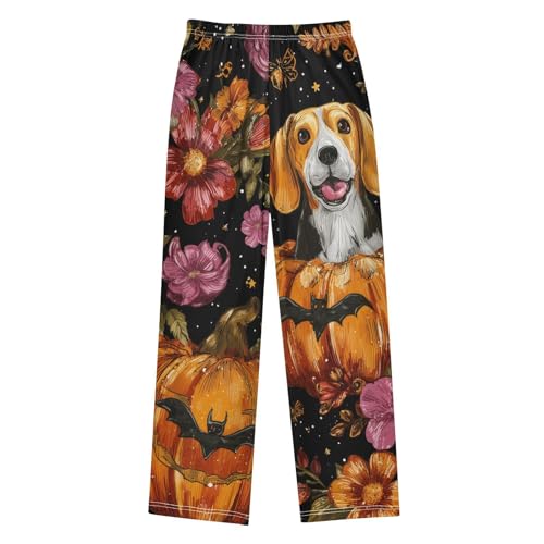 Beagle Pumpkin Bat Flowers Boys Long Pants Soft Trousers Elastic Waist Kids Lounge Bottoms with Pockets S-XL2