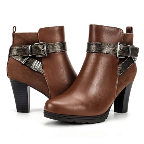 mysoft Women's Zipper Booties Chunky Stacked Heel Ankle Boots Buckle