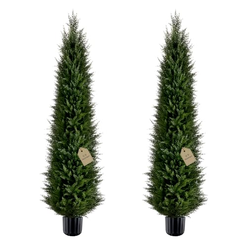 6FT Artificial Cedar Topiary Trees Set of 2, Large Fake Tree UV Resistant Plants for Outdoors, Faux Pine Tall Realistic Cypress Outdoor Potted, Outside Real Touch Evergreen for Front Door Porch Decor