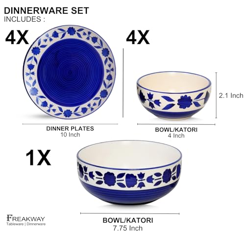 Image of Freakway Floral Hand-Painted Ceramic Dinner Set of 9 Pieces-(10 Inch) 4 Dinner Plates, 4 Serving Bowls (180 Ml) with 1 Large Bowl | - Royal Blue