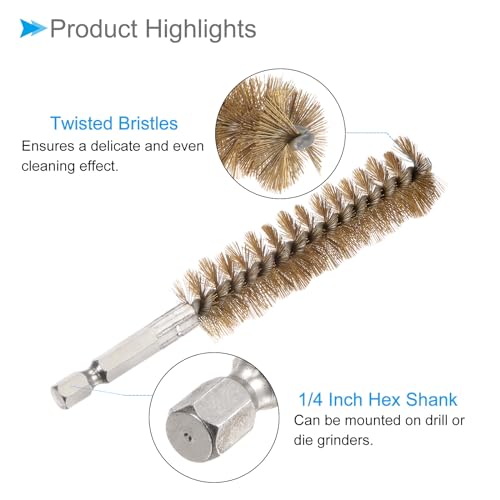 Image of Bore Brush, 19mm Dia 75mm Length, Brass Twisted Cleaning Wire Brushes with 1 /4 inch Hex Shank - (Applications: for Power Drill), 3-Pieces
