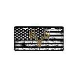 Rustic American Flag Deer Skull Decorative Front Plate – 6x12 Inch Aluminum Novelty Tag – Distressed Black & White USA Design, Rust-Proof, Weather-Resistant Patriotic Hunter Car Decor Gift