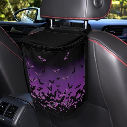 Image of Talayituse Purple Black Bat Print Car Trash Can Portable Auto Garbage Bin Multifunctional Vehicle Interior Accessories with Adjustable Straps Universal Fit Truck SUV Sedan Halloween Decor