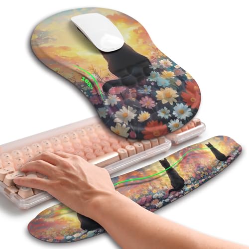 Hokafenle 2in1 Combination, Wave Keyboard Wrist Rest and Ergonomic Curvature Mouse Pad Wrist Support for Relieve Wrist Pain, Filled with Soft Cushion Memory Foam, Wishing Cat