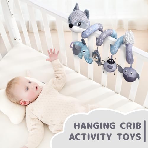 Image of Koty Car Seat Toys, Infant Baby Spiral Plush Activity Hanging Toy for Stroller Bar Pram Crib with Music Box BB Squeaker & Rattles(Gray Fox)