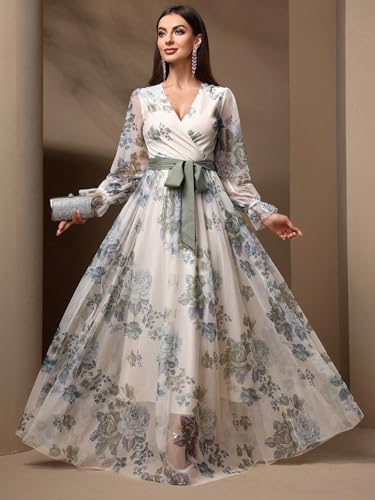 Image of TOLEEN Summer Casual Dresses for Women 2024 Spring Fashion Boho V Neck Long Sleeve Ruffle Floral Print Elegant Maxi Dress