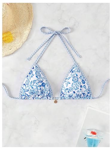 Verdusa Women's Floral Print Triangle Halter Bikini Tops Tie Back Swimwear Top3