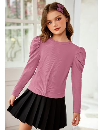 Image of Arshiner Girls Puff Long Sleeve Shirts Twist Front Ribbed Knit T Shirt Crop Tops Tee Blouse