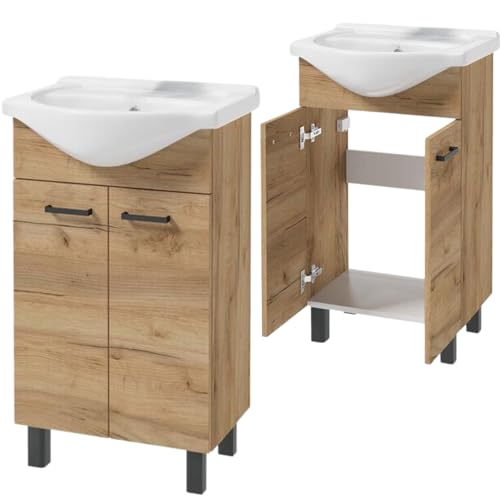 Domodomo - Mueble de baño con lavabo, 85 x 50 x 41 cm, mueble de baño de pie con cajón y armario inferior, lacado, elegante juego con lavabo de cerámica