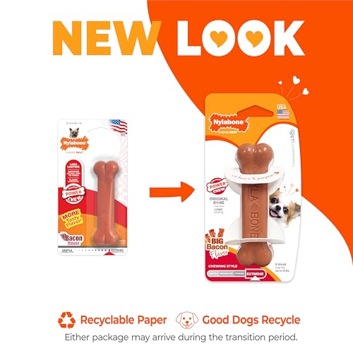 Image of Nylabone Power Chew Classic Bone Chew Toy for Dogs, Durable Dog Toys for Aggressive Chewers, Bacon Flavor, X-Small /Petite - Up to 15 lbs. (1 Count)